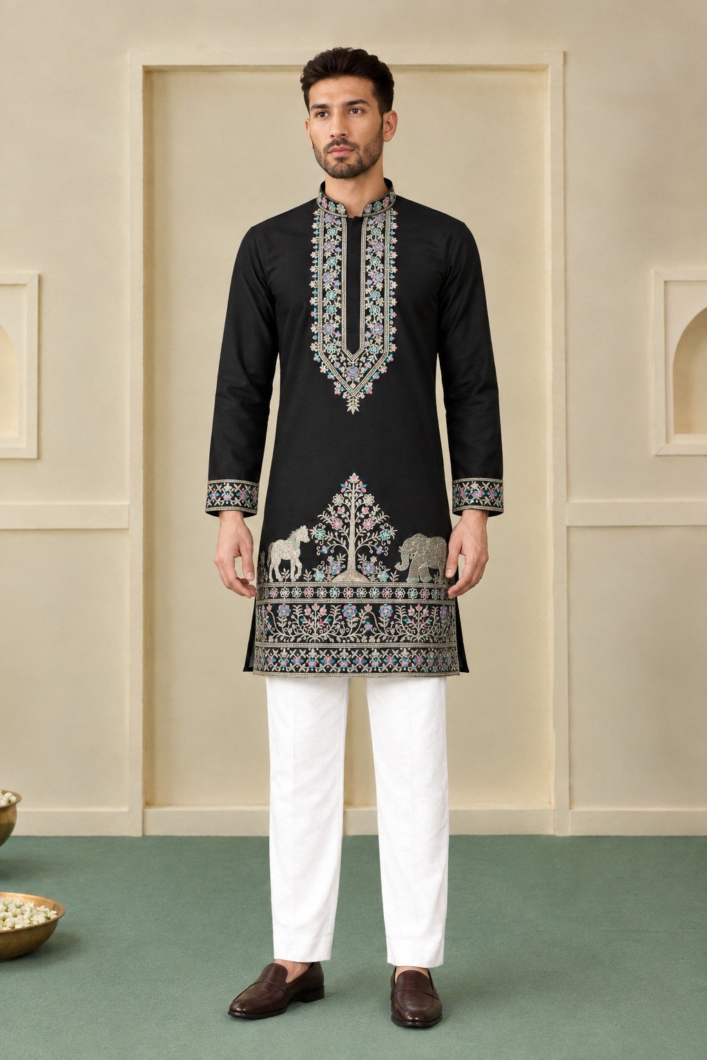 Black Coach Silk Sequence & Zari Embroidered Men's Kurta Set