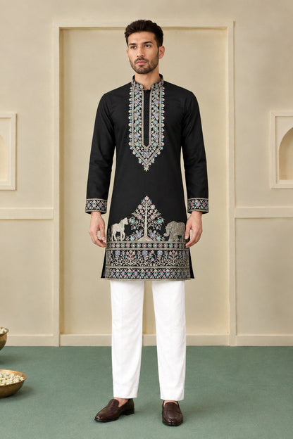 Black Coach Silk Sequence & Zari Embroidered Men's Kurta Set