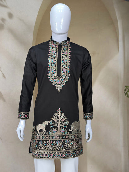 Black Coach Silk Sequence & Zari Embroidered Men's Kurta Set