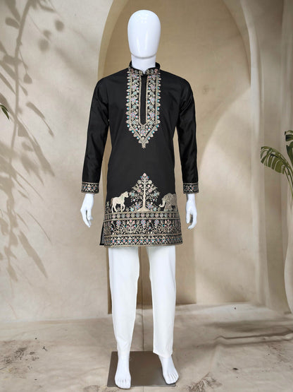 Black Coach Silk Sequence & Zari Embroidered Men's Kurta Set