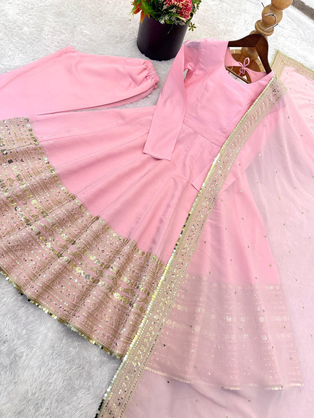 White Georgette Aliya Cut Gown with Dupatta – Embroidered Party Wear Ensemble