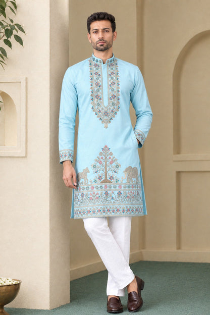 Designer Sky Blue Coach Silk Heavy Sequence & Zari Embroidery Work Kurta & Pant Set