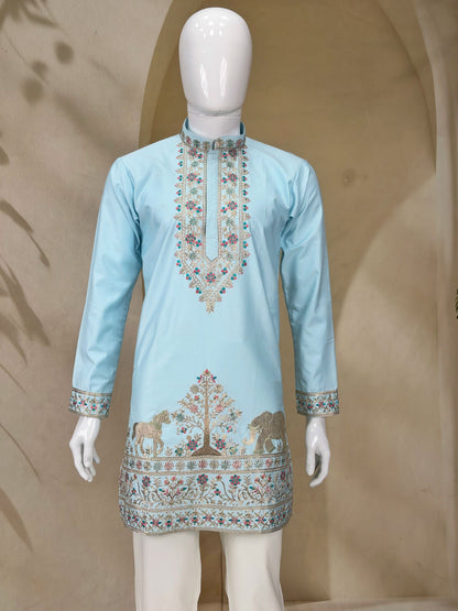 Designer Sky Blue Coach Silk Heavy Sequence & Zari Embroidery Work Kurta & Pant Set