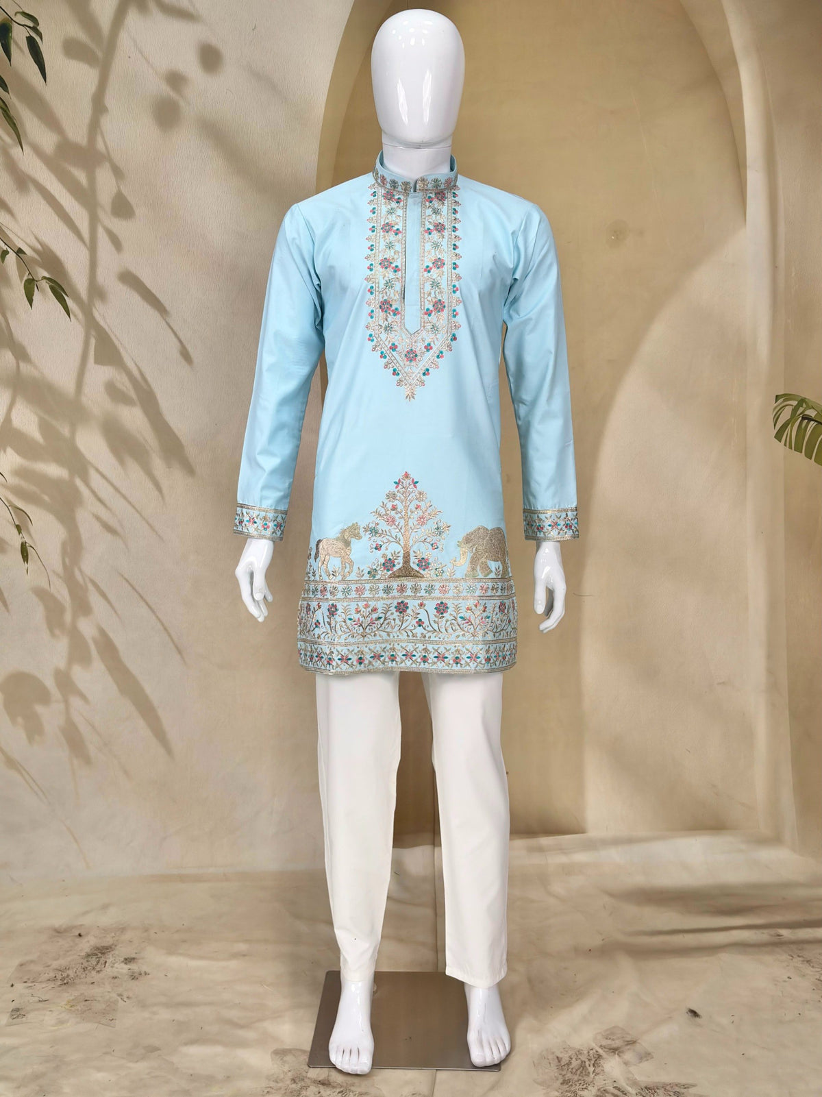 Designer Sky Blue Coach Silk Heavy Sequence & Zari Embroidery Work Kurta & Pant Set