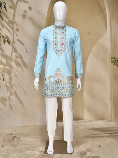 Designer Sky Blue Coach Silk Heavy Sequence & Zari Embroidery Work Kurta & Pant Set