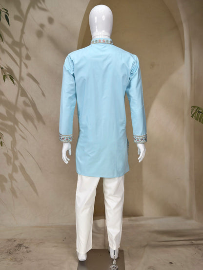Designer Sky Blue Coach Silk Heavy Sequence & Zari Embroidery Work Kurta & Pant Set