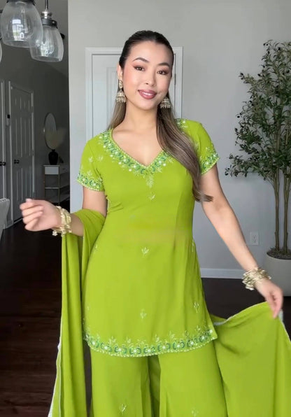 Women's Lime Green Fox Georgette Sequence Embroidery Half Sleeves Sharara Suit Set