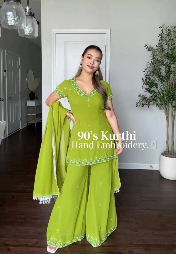 Women's Lime Green Fox Georgette Sequence Embroidery Half Sleeves Sharara Suit Set