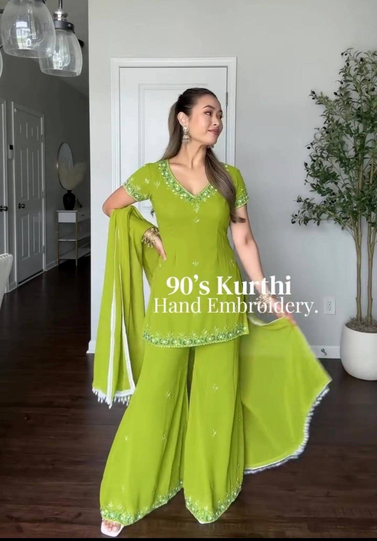 Women's Lime Green Fox Georgette Sequence Embroidery Half Sleeves Sharara Suit Set