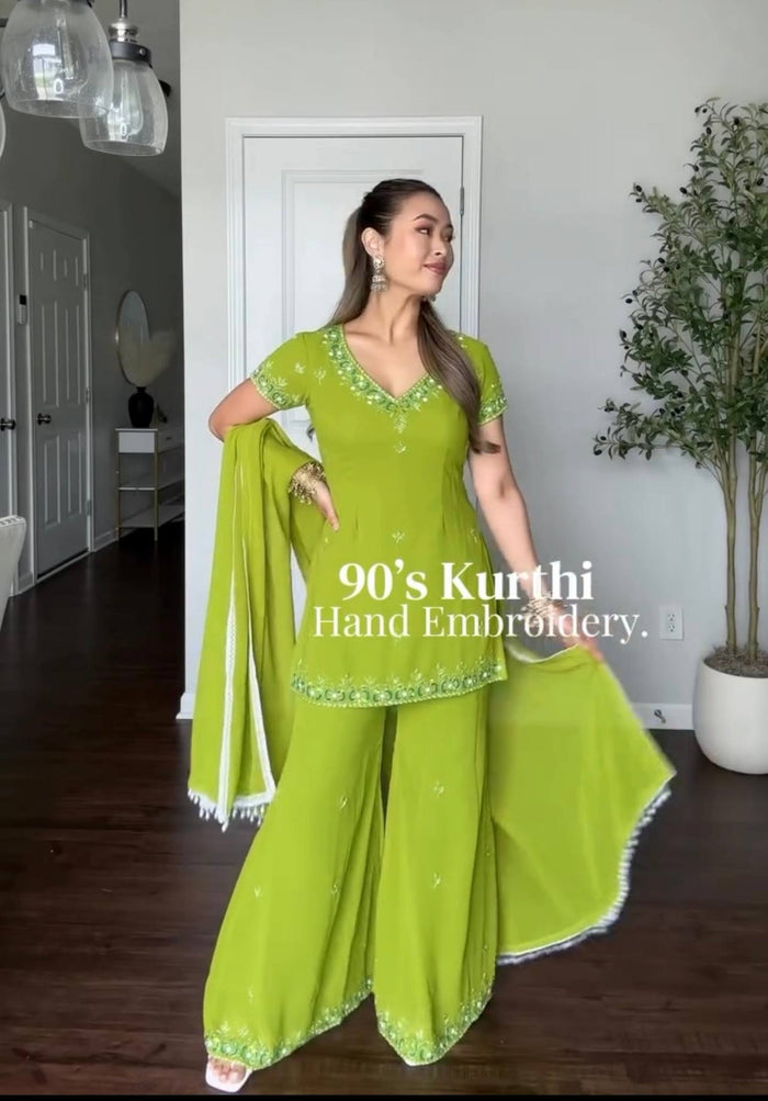 Women's Lime Green Fox Georgette Sequence Embroidery Half Sleeves Sharara Suit Set