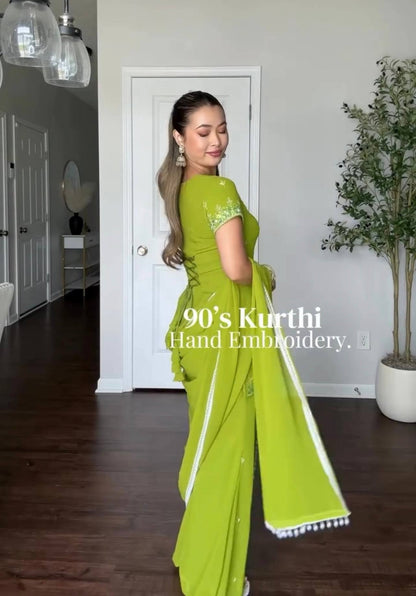 Women's Lime Green Fox Georgette Sequence Embroidery Half Sleeves Sharara Suit Set