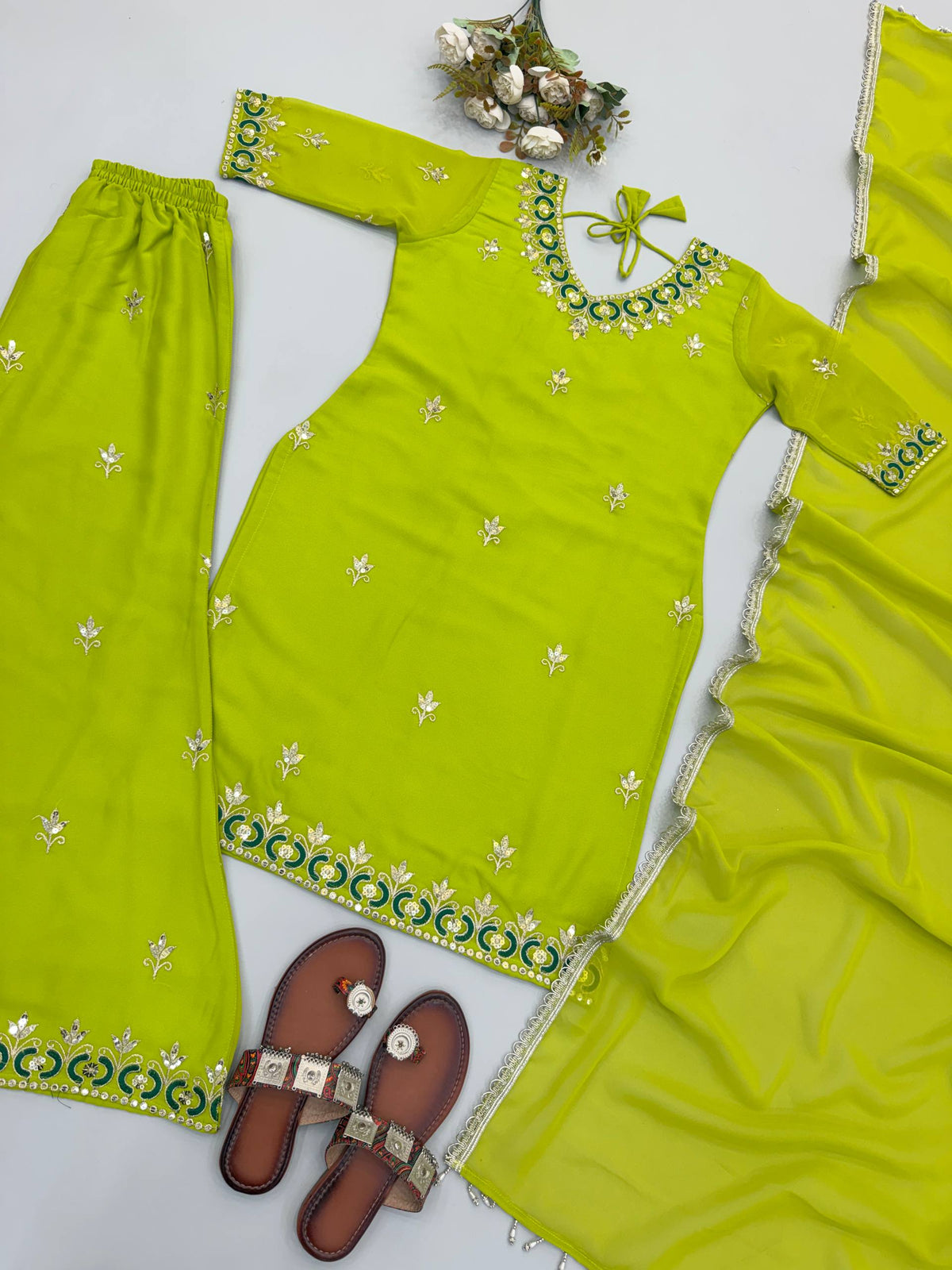 Women's Lime Green Fox Georgette Sequence Embroidery Half Sleeves Sharara Suit Set