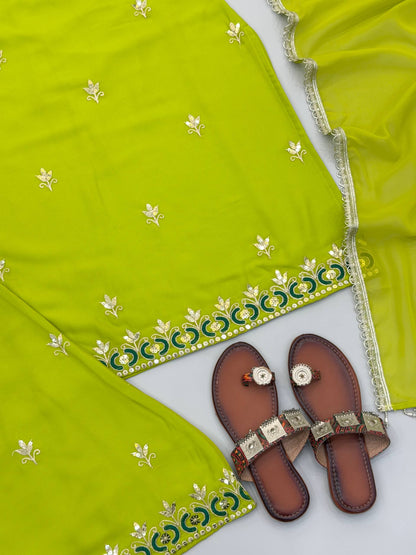 Women's Lime Green Fox Georgette Sequence Embroidery Half Sleeves Sharara Suit Set