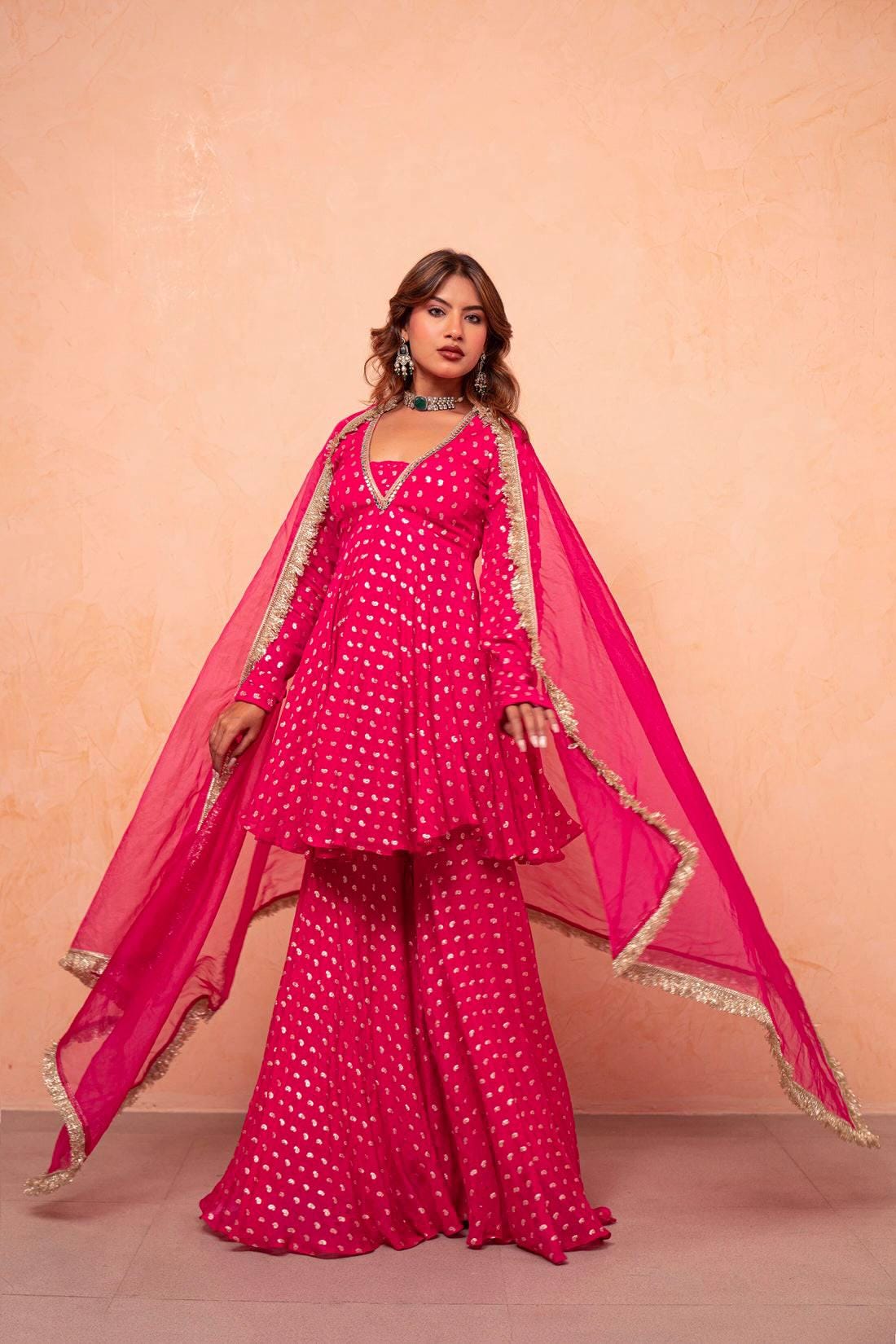 Royal Pink Jacquard Chanderi Silk Kurti Sharara Suit with Real Mirror Work, Net Dupatta