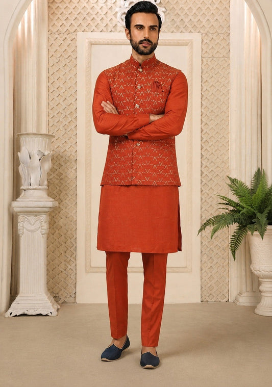 Burnt Orange Premium Roman Silk Plain Kurta & Pant Set with Multi-Embroidered Koti Jacket