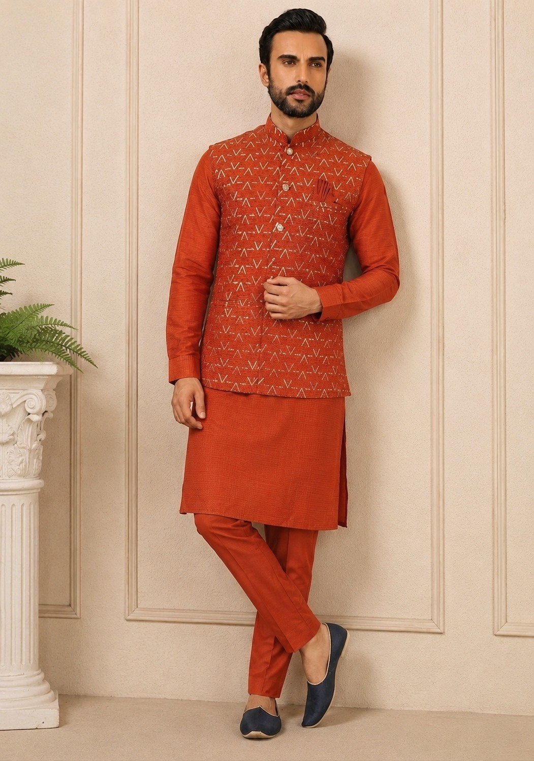Burnt Orange Premium Roman Silk Plain Kurta & Pant Set with Multi-Embroidered Koti Jacket