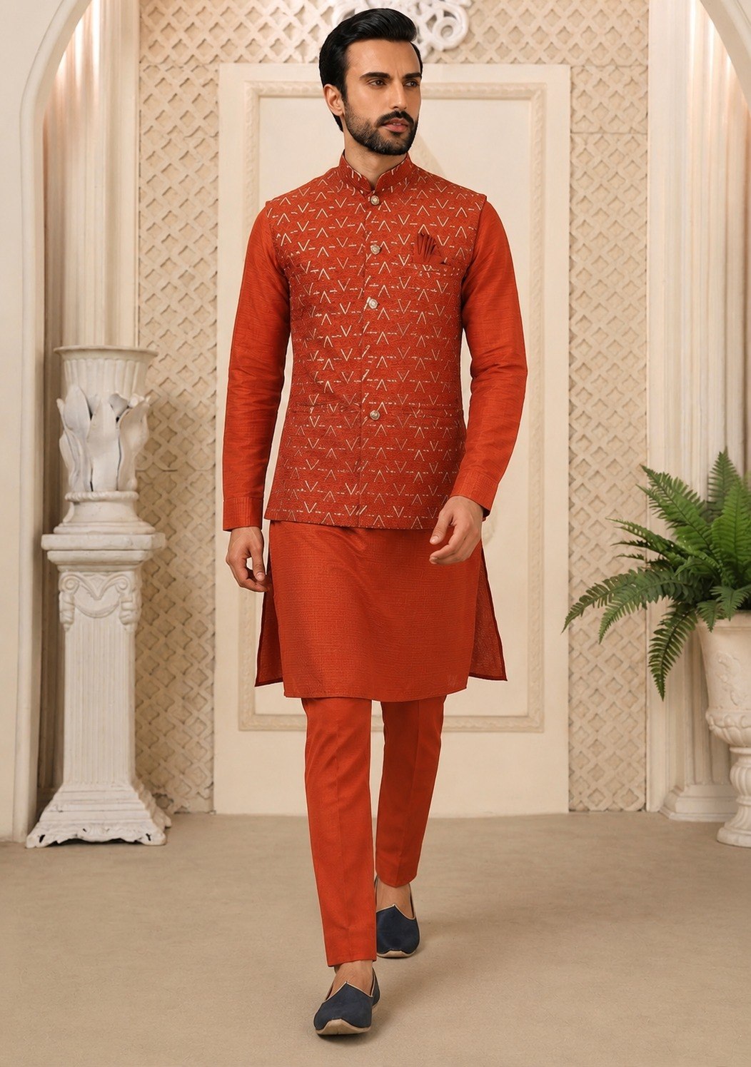Burnt Orange Premium Roman Silk Plain Kurta & Pant Set with Multi-Embroidered Koti Jacket