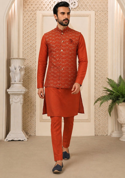 Burnt Orange Premium Roman Silk Plain Kurta & Pant Set with Multi-Embroidered Koti Jacket