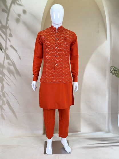 Burnt Orange Premium Roman Silk Plain Kurta & Pant Set with Multi-Embroidered Koti Jacket