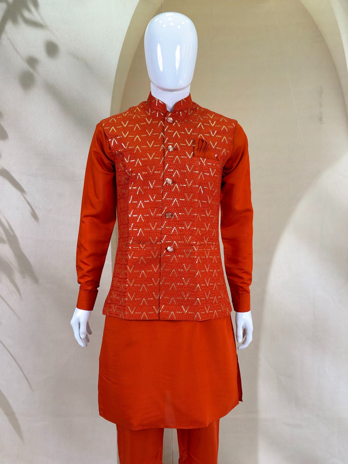 Burnt Orange Premium Roman Silk Plain Kurta & Pant Set with Multi-Embroidered Koti Jacket
