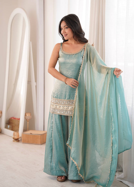 Women's Light Blue Doremon Crush Real Mirror & Sequence Embroidery Palazzo Suit Set