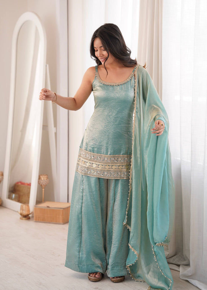 Women's Light Blue Doremon Crush Real Mirror & Sequence Embroidery Palazzo Suit Set