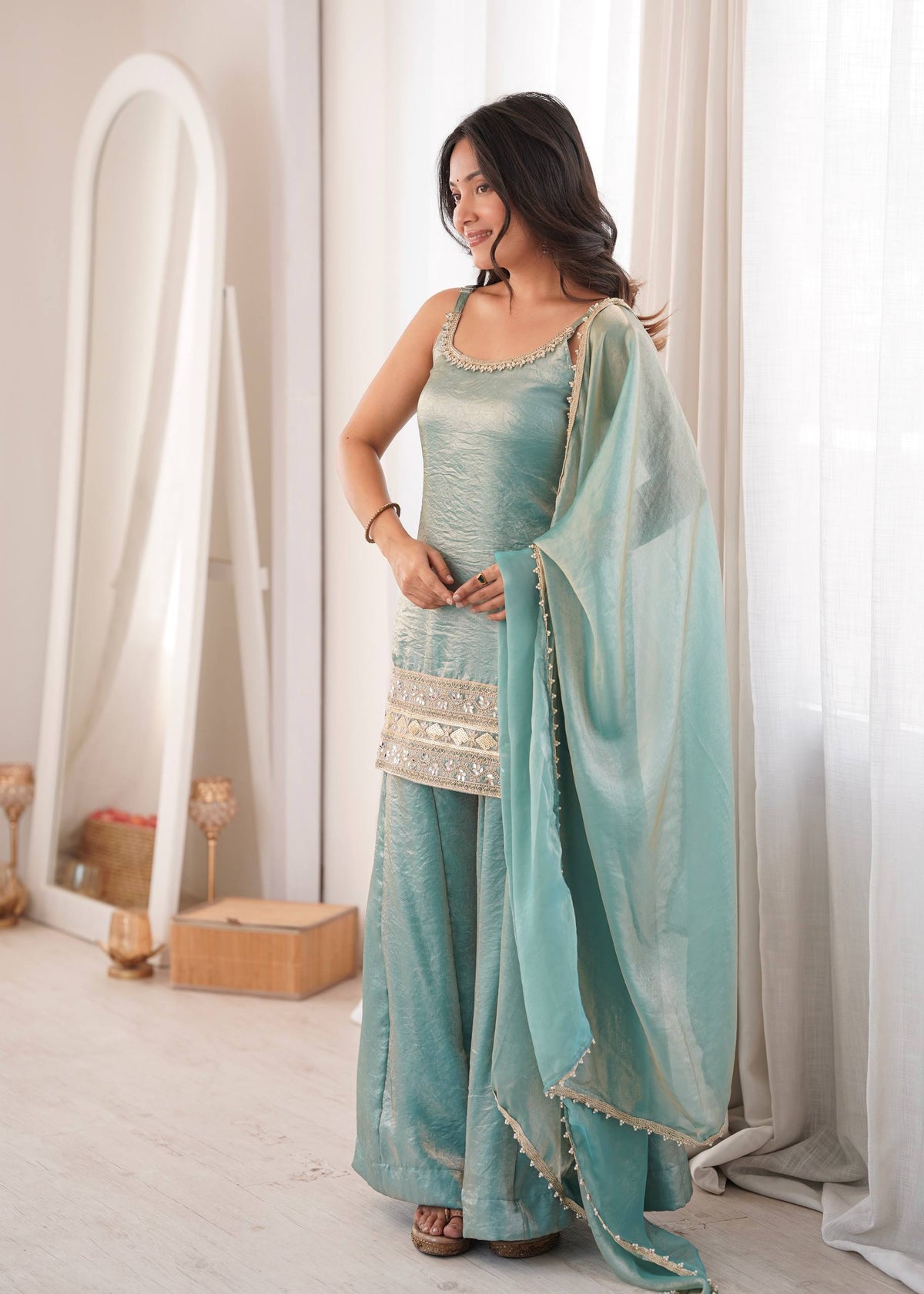 Women's Light Blue Doremon Crush Real Mirror & Sequence Embroidery Palazzo Suit Set