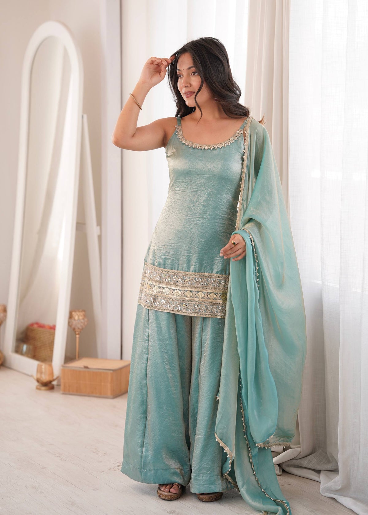 Women's Light Blue Doremon Crush Real Mirror & Sequence Embroidery Palazzo Suit Set
