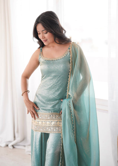 Women's Light Blue Doremon Crush Real Mirror & Sequence Embroidery Palazzo Suit Set