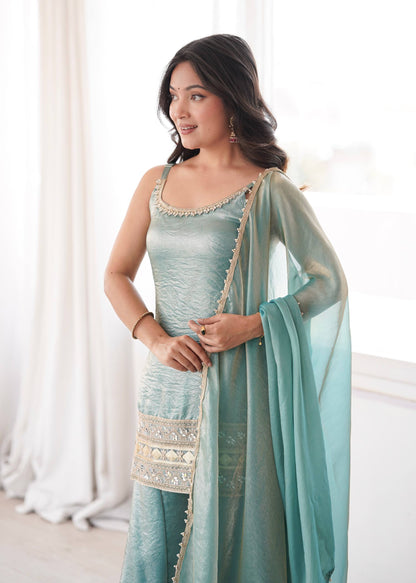 Women's Light Blue Doremon Crush Real Mirror & Sequence Embroidery Palazzo Suit Set
