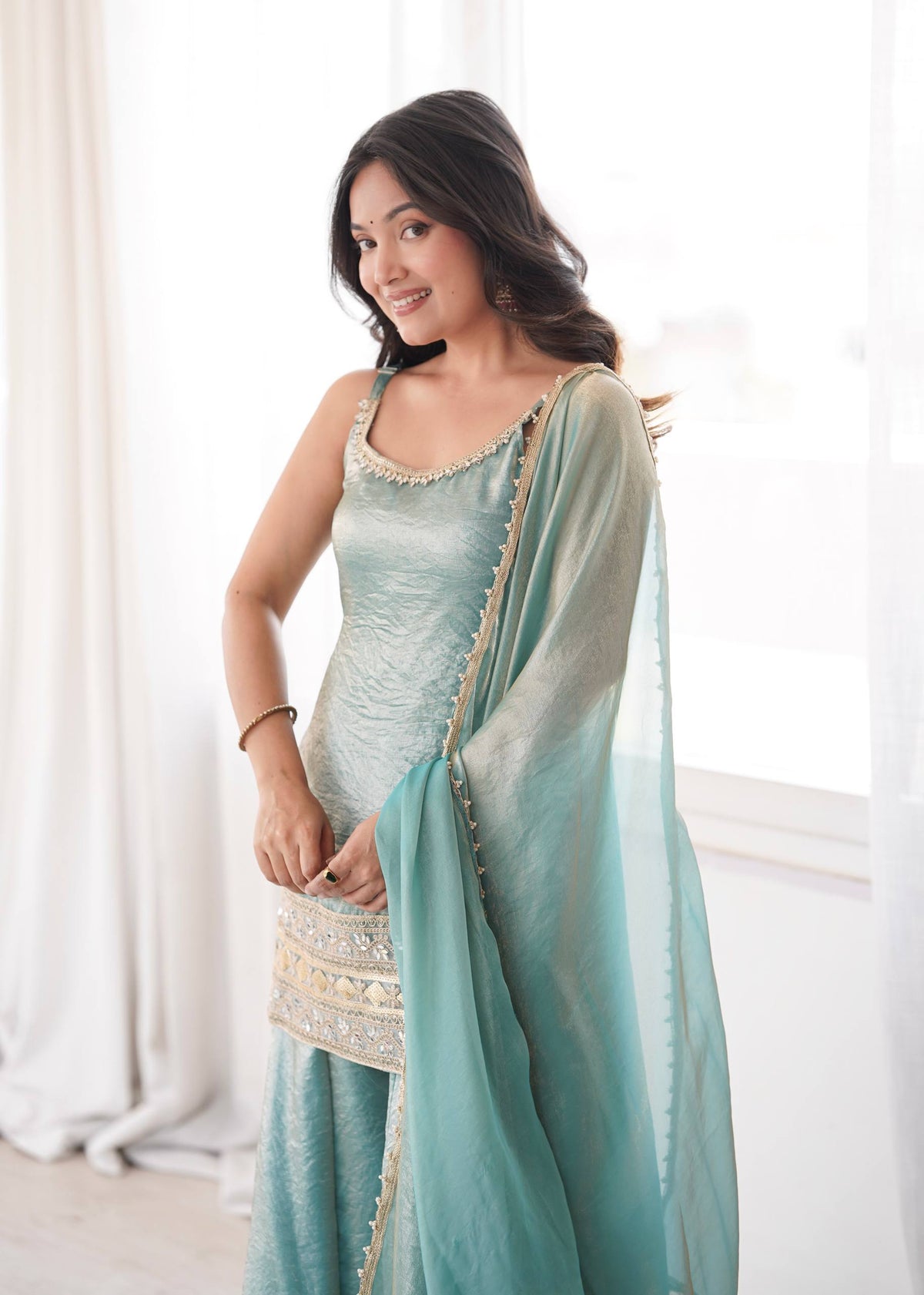 Women's Light Blue Doremon Crush Real Mirror & Sequence Embroidery Palazzo Suit Set