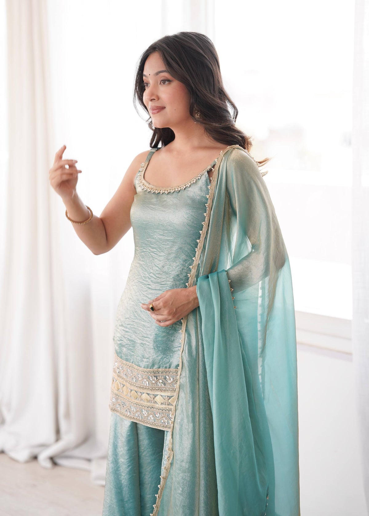 Women's Light Blue Doremon Crush Real Mirror & Sequence Embroidery Palazzo Suit Set