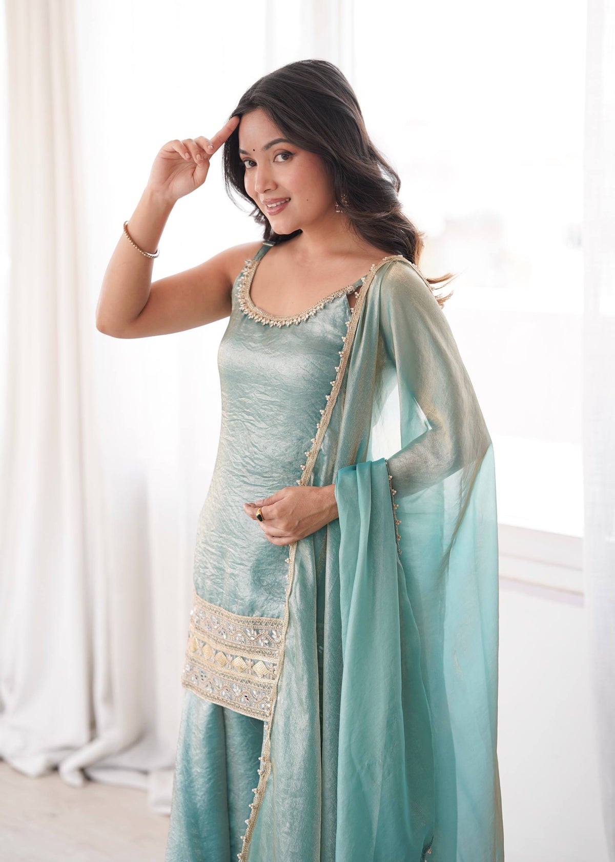 Women's Light Blue Doremon Crush Real Mirror & Sequence Embroidery Palazzo Suit Set