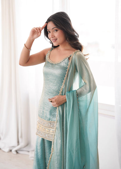 Women's Light Blue Doremon Crush Real Mirror & Sequence Embroidery Palazzo Suit Set