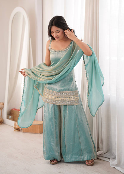 Women's Light Blue Doremon Crush Real Mirror & Sequence Embroidery Palazzo Suit Set