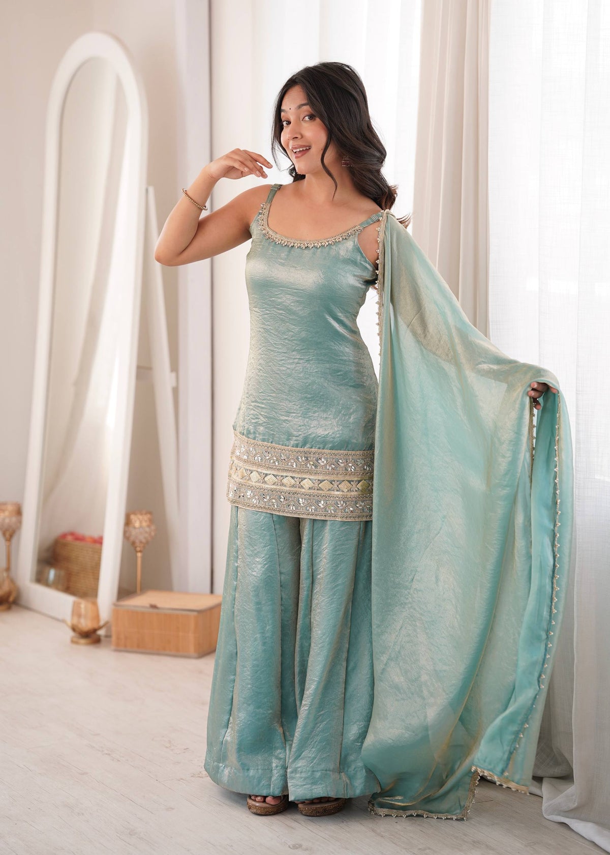 Women's Light Blue Doremon Crush Real Mirror & Sequence Embroidery Palazzo Suit Set