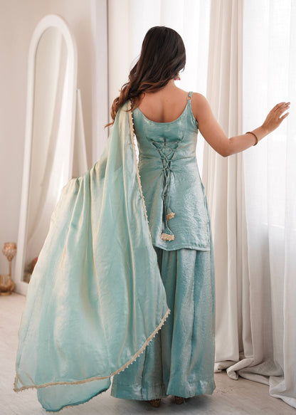 Women's Light Blue Doremon Crush Real Mirror & Sequence Embroidery Palazzo Suit Set
