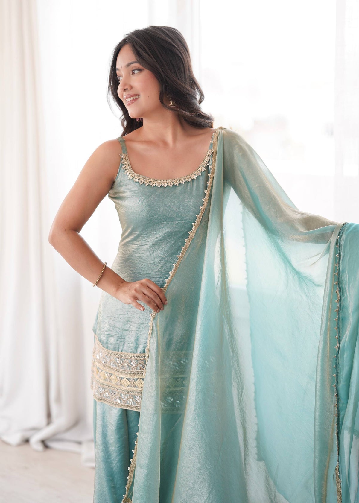 Women's Light Blue Doremon Crush Real Mirror & Sequence Embroidery Palazzo Suit Set