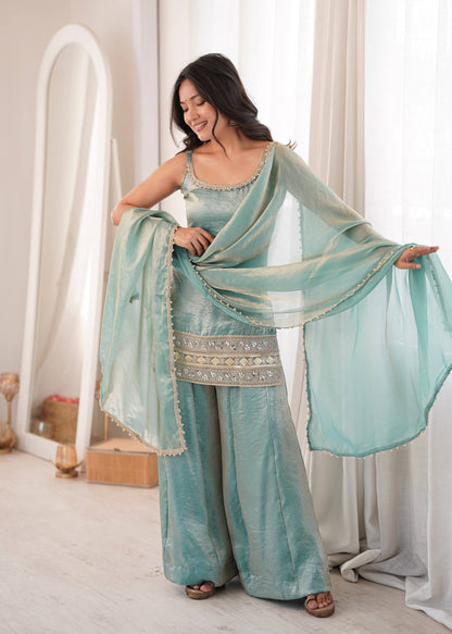 Women's Light Blue Doremon Crush Real Mirror & Sequence Embroidery Palazzo Suit Set