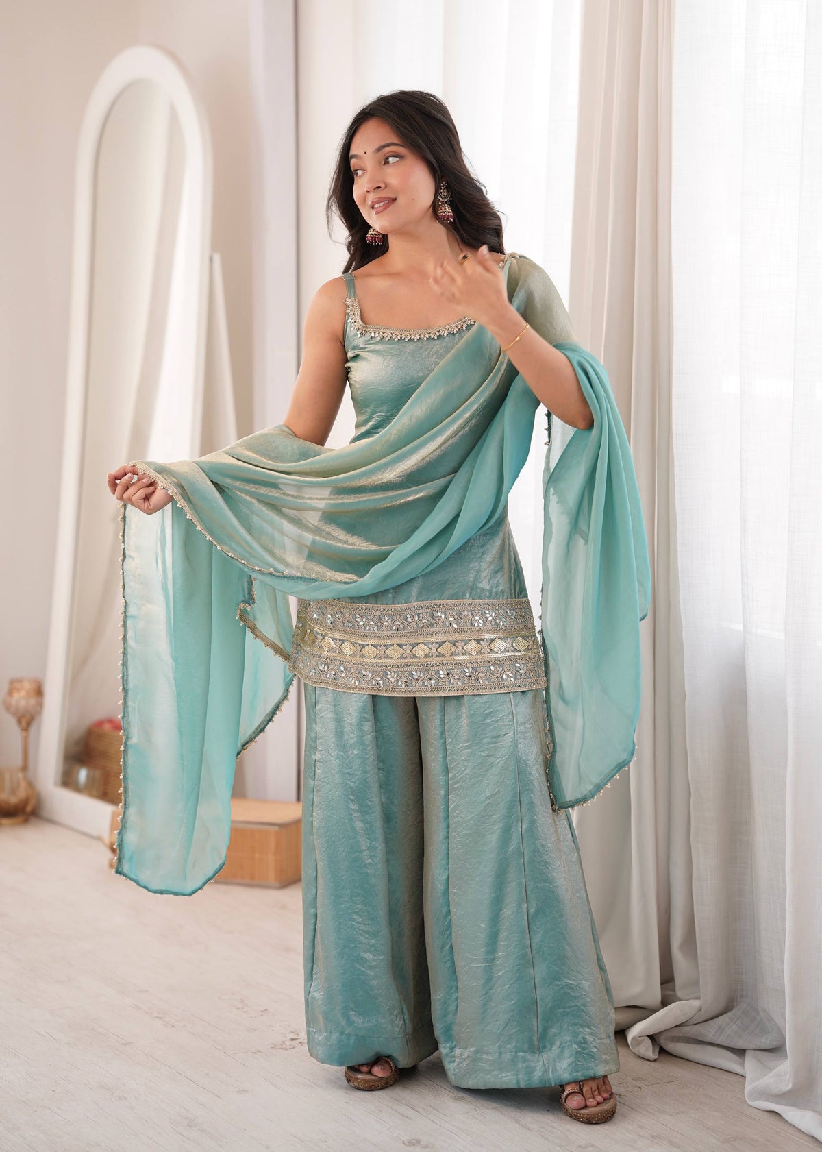 Women's Light Blue Doremon Crush Real Mirror & Sequence Embroidery Palazzo Suit Set