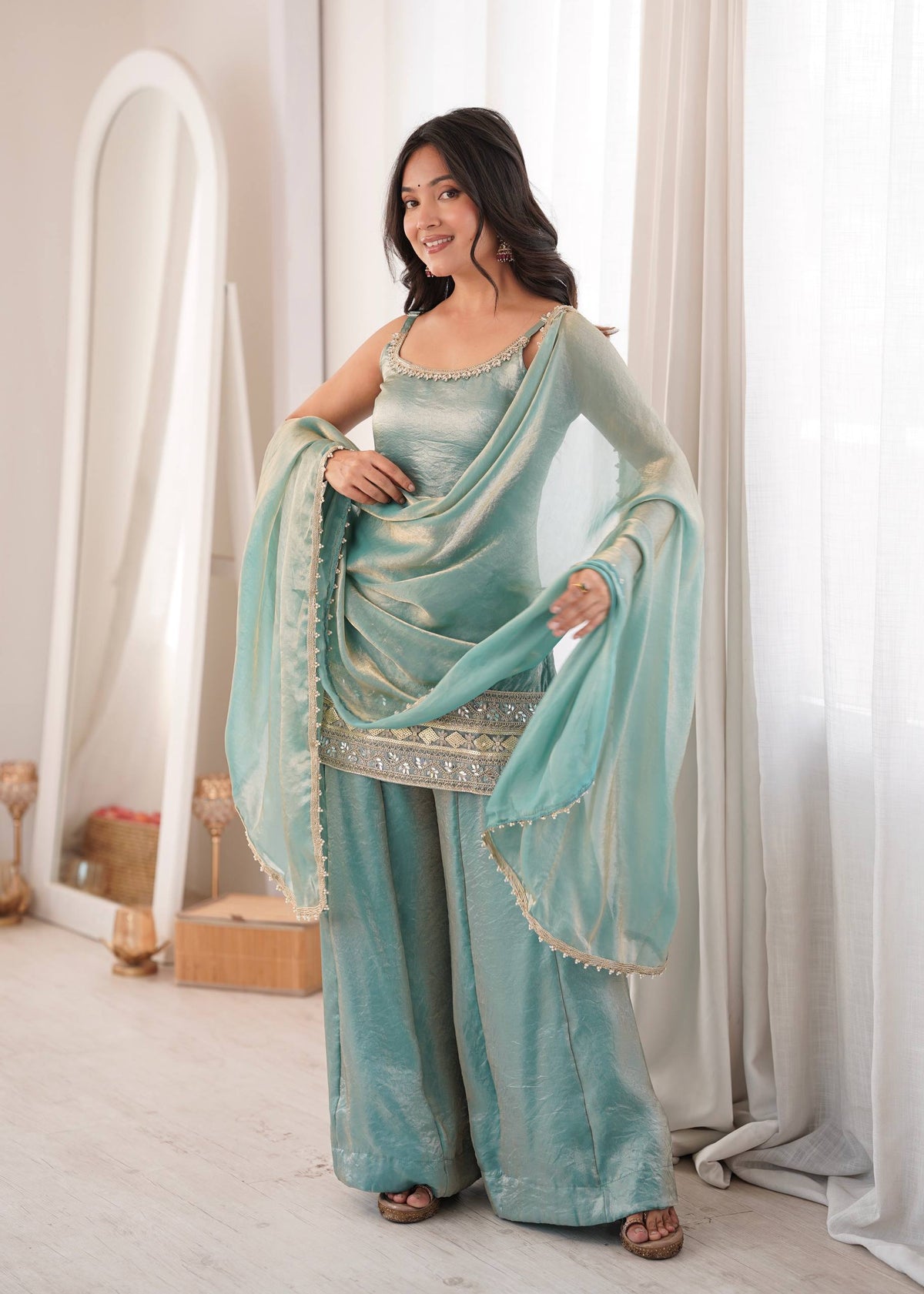 Women's Light Blue Doremon Crush Real Mirror & Sequence Embroidery Palazzo Suit Set