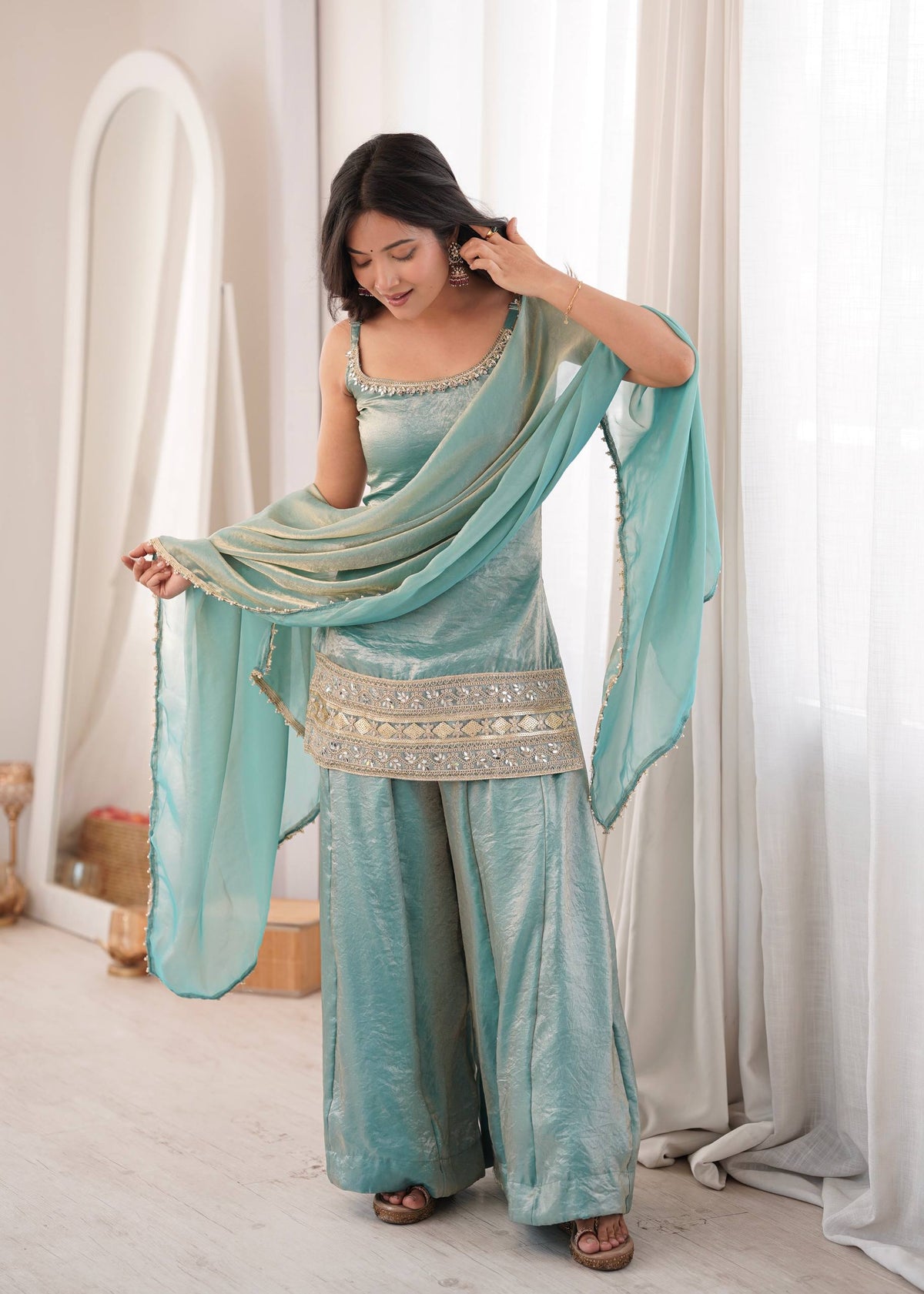 Women's Light Blue Doremon Crush Real Mirror & Sequence Embroidery Palazzo Suit Set