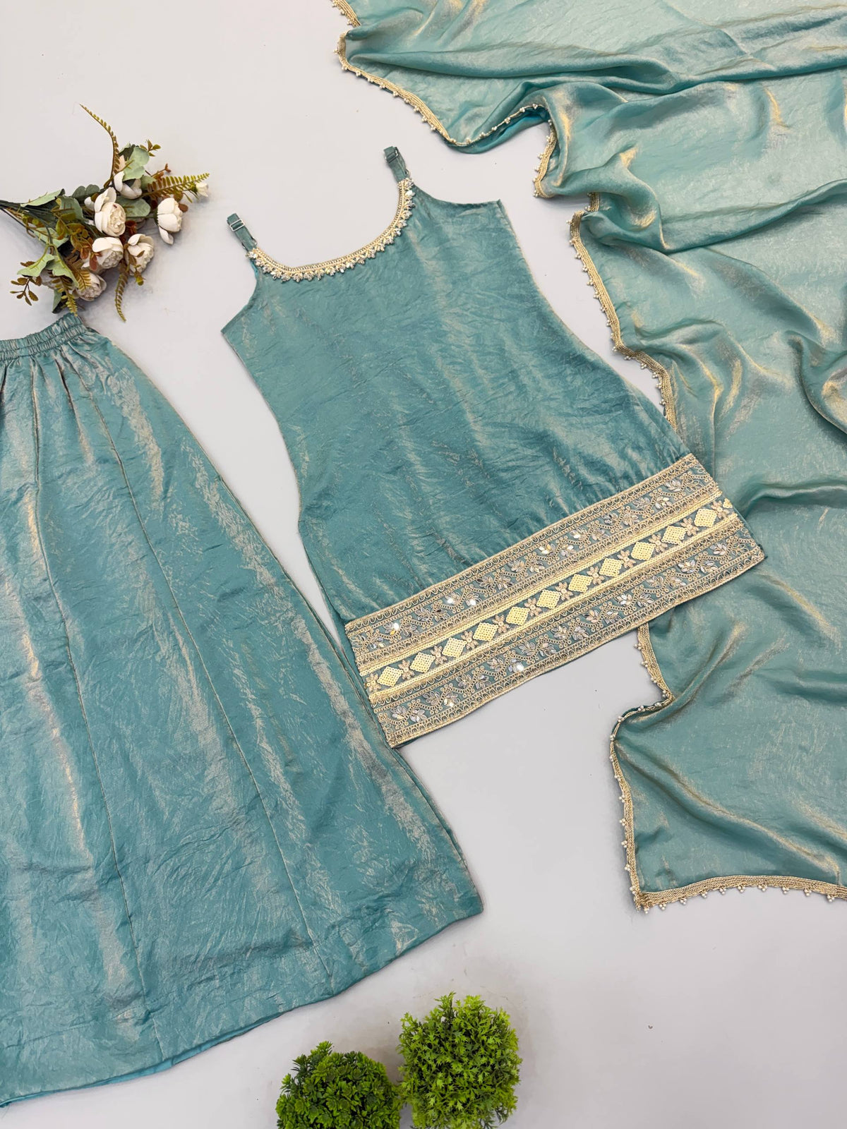Women's Light Blue Doremon Crush Real Mirror & Sequence Embroidery Palazzo Suit Set