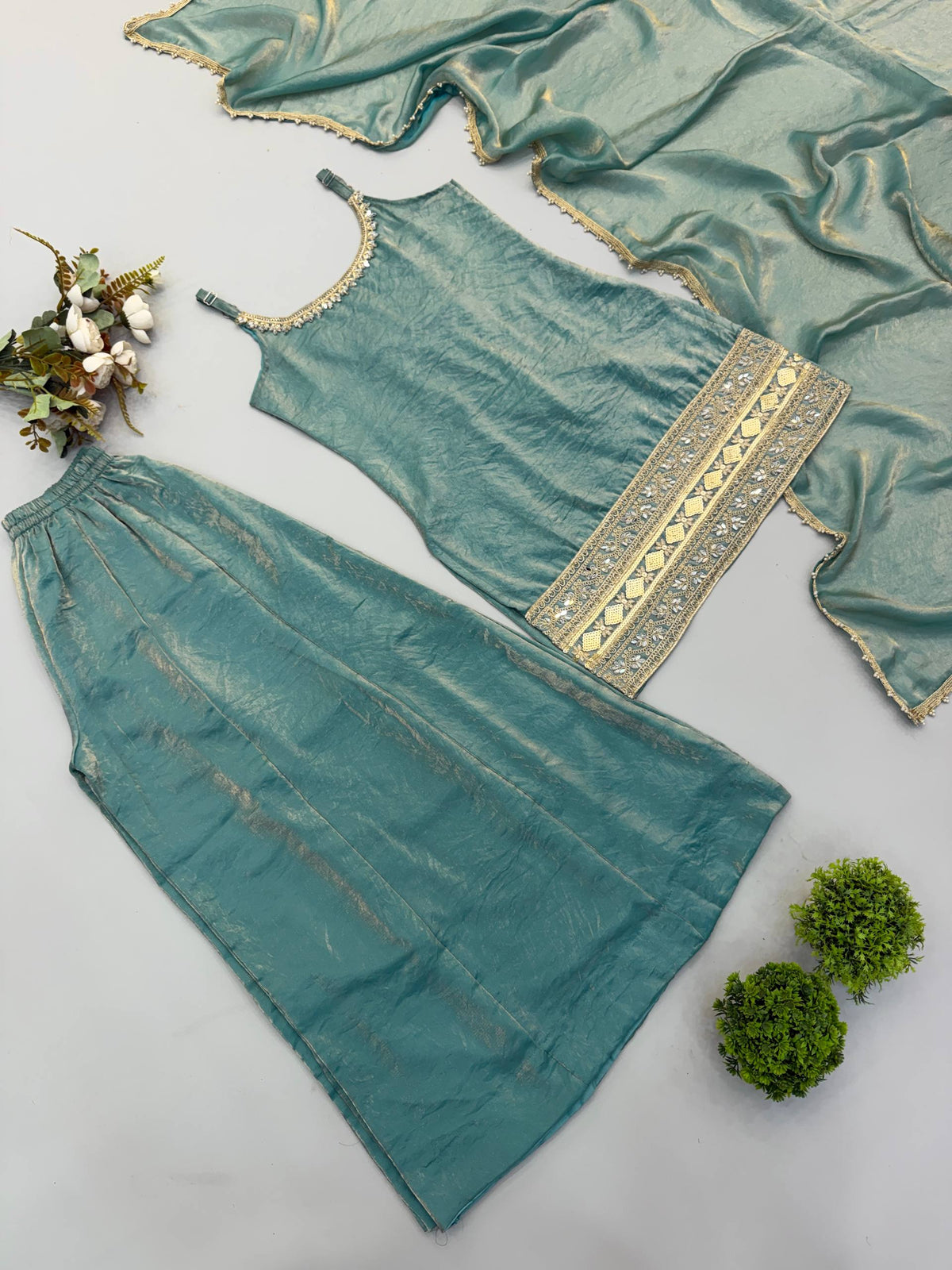Women's Light Blue Doremon Crush Real Mirror & Sequence Embroidery Palazzo Suit Set
