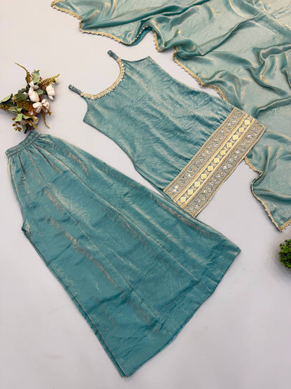 Women's Light Blue Doremon Crush Real Mirror & Sequence Embroidery Palazzo Suit Set