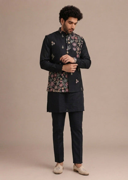 ✨ Black Premium Roman Silk Plain Kurta & Pant Set with Designer Multi-Embroidered Koti Jacket