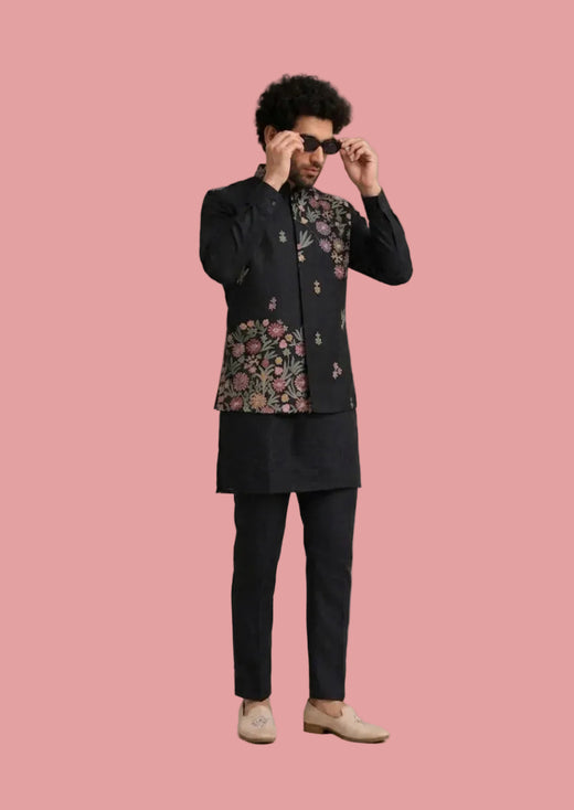✨ Black Premium Roman Silk Plain Kurta & Pant Set with Designer Multi-Embroidered Koti Jacket