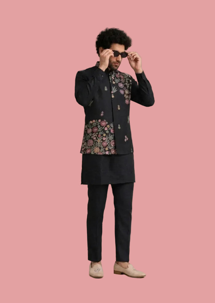 ✨ Black Premium Roman Silk Plain Kurta & Pant Set with Designer Multi-Embroidered Koti Jacket