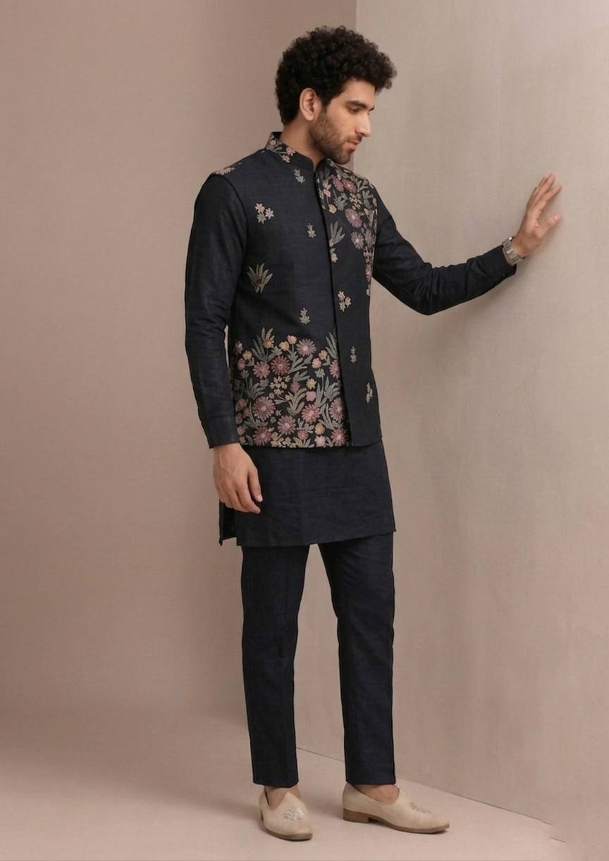 ✨ Black Premium Roman Silk Plain Kurta & Pant Set with Designer Multi-Embroidered Koti Jacket