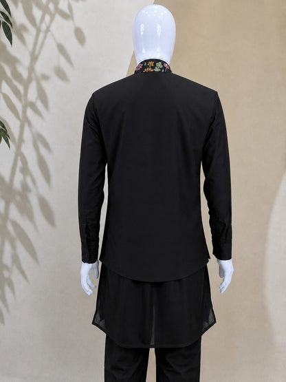 ✨ Black Premium Roman Silk Plain Kurta & Pant Set with Designer Multi-Embroidered Koti Jacket